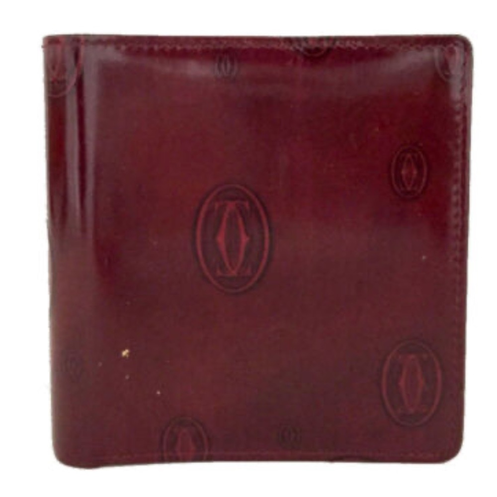 CARTIER Burgundy Logo Embossed Patent Leather Bifold Happy Birthday Wallet Auth.